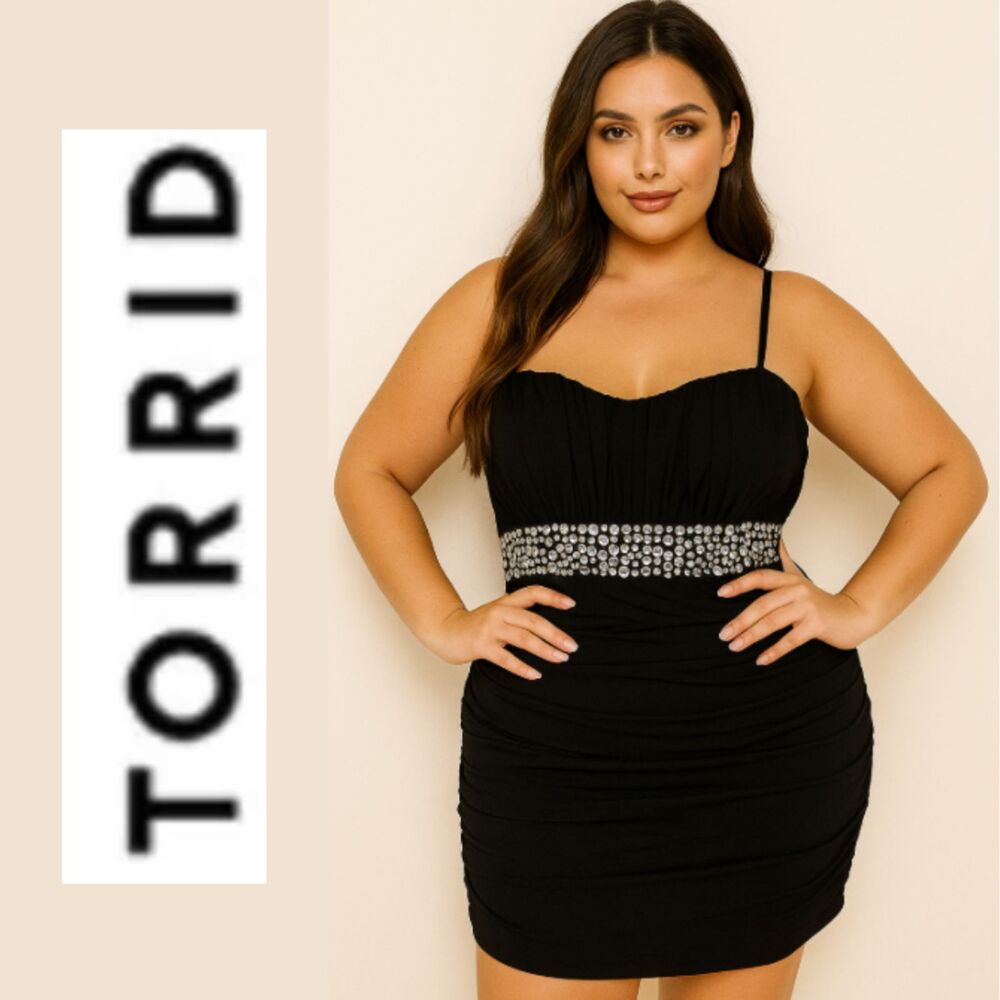 Torrid Black Ruched Strapless Rhinestone Cocktail Dress (Size 1)